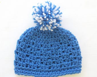 Crochet Medium Blue Pom Pom Hat, Newborn Baby Beanie