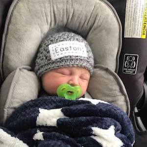 Custom Newborn Name Hat, Personalized Crochet Baby Beanie for Boys or Girls, 43 Colors
