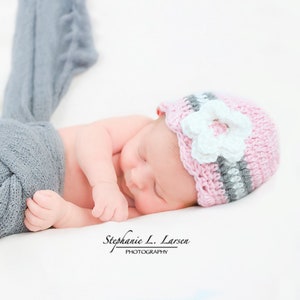 Newborn Girl Hat, Pink Crochet Baby Hat with Flower, Soft Handmade Infant Beanie, Baby Photo Prop, Baby Shower Gift
