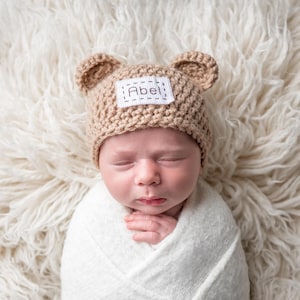 Personalized Baby Bear Hat, Baby Announcement, Newborn Photo Prop