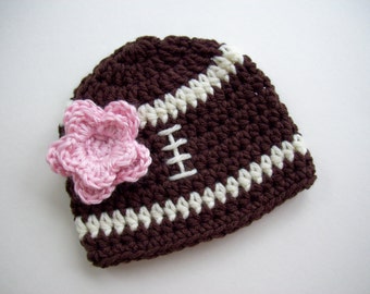 Baby Girl Football Hat, Crochet Baby Girl Hat, Newborn Photo Prop for Baby Girl, Baby Shower Gift, Newborn Baby Girl Hat, Baby Girl Hat