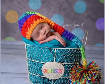Newborn Elf Hat, Rainbow Long Tail Hat, Baby Newborn Hat, Photo Prop, Newborn Baby Hat, Crochet Newborn Hat, Baby Boy Hat, Baby Girl Hat