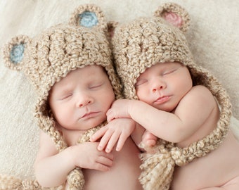 Baby Bear Hat, Bear Hat for Baby Boy, Crochet Baby Hat, Animal Bear Hat, Baby Hat for Girl, Newborn Photo Prop, Twin Baby Hats, Baby Hat