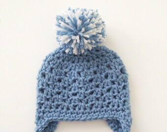 Crochet Ear Flap Hat, Handmade Baby Hat, Newborn to 1T-2T Sizes, 37 Colors