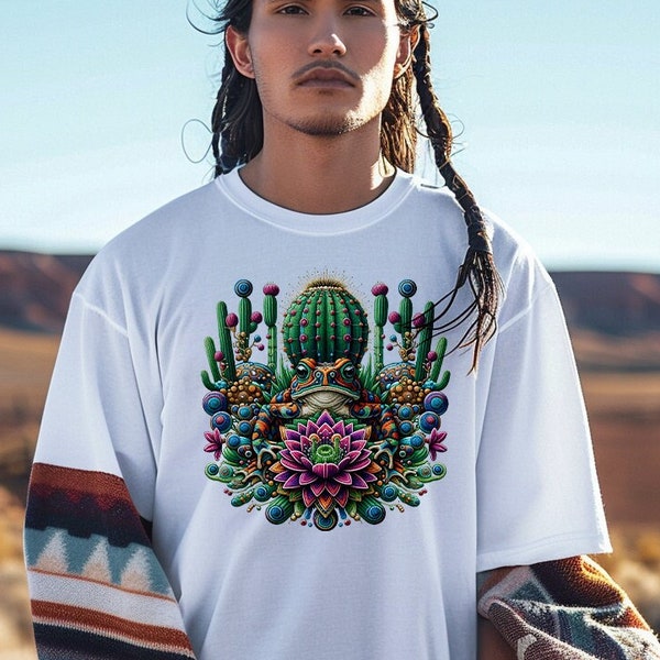 Camiseta unisex Sacred Visions - Bufo Alvarius Frog Peyote Cactus, diseño de arte huichol inspirado en abalorios para el despertar espiritual, unisex