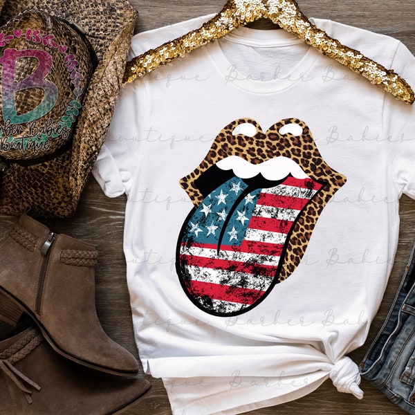 Ready to Press - Sublimation Transfer - 4th of July - Cheetah Lips - Red, White + Blue Tongue - Independence Day