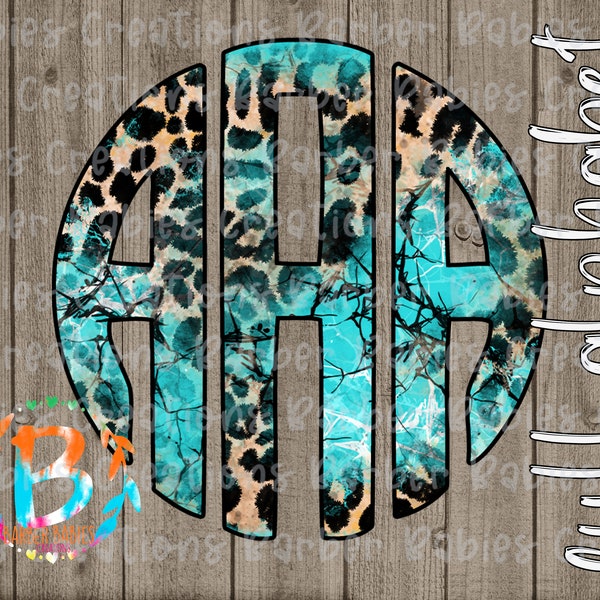 Cheetah/Turquoise Mix/Fade Circle Monogram|Full Alphabet| PNG file - 26 Files