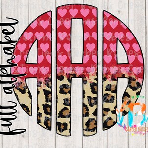 May include: A monogram design featuring the letters A, H, and D in a circular arrangement. The top portion of the letters is red with pink hearts, transitioning to a leopard print pattern at the bottom. The words "full alphabet" are written vertically on the left.