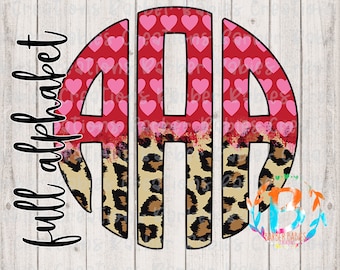 Valentine's Day Theme Monogram Set - Pink Hearts w/ Cheetah - Circle Monogram Only - Full Alphabet - 26 PNG files - Access Via OneDrive