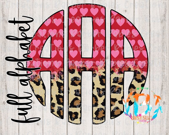 Valentine's Day Theme Monogram Set - Pink Hearts w/ Cheetah - Circle Monogram Only - Full Alphabet - 26 PNG files - Access Via OneDrive