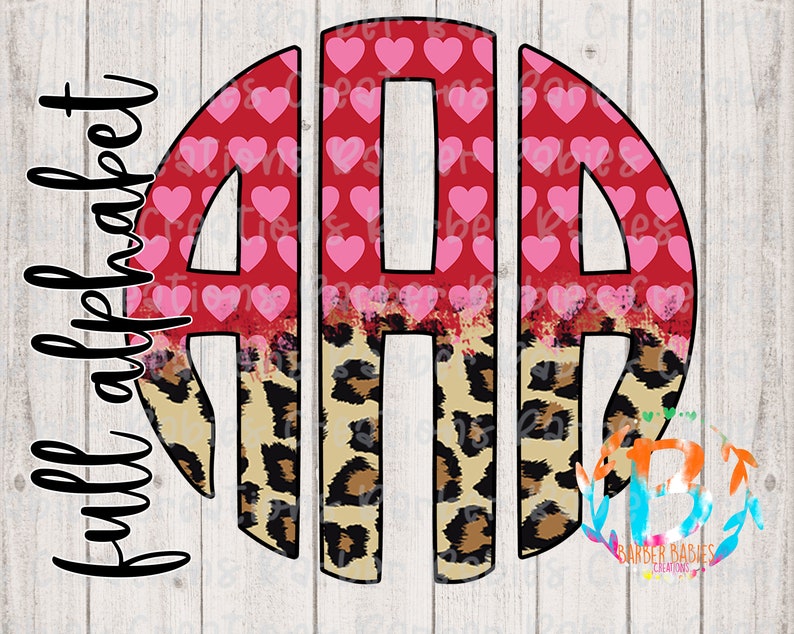May include: A monogram design featuring the letters A, H, and D in a circular arrangement. The top portion of the letters is red with pink hearts, transitioning to a leopard print pattern at the bottom. The words "full alphabet" are written vertically on the left.