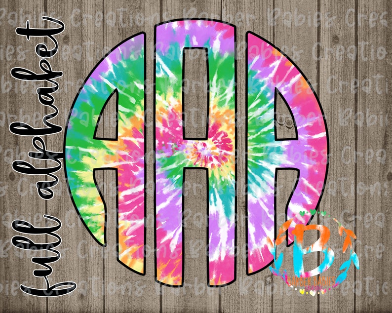 Puede incluir: Un dise&ntilde;o de monograma tie-dye con las letras "AHA" en forma circular. Las letras est&aacute;n rellenas de un vibrante remolino de colores que incluyen verde, amarillo, naranja, rosa y morado. Las palabras "full alphabet" est&aacute;n escritas verticalmente a la izquierda.