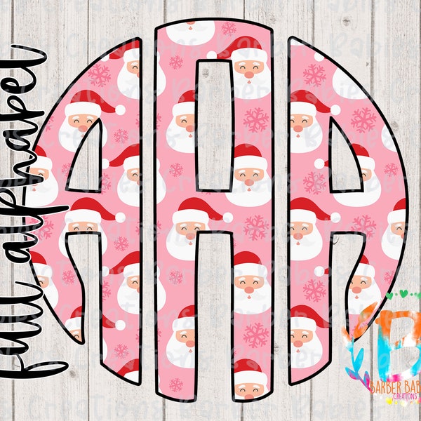 Cute Christmas Monogram Set - Santa Claus + Pinks/Merry Christmas |Circle Monogram|Full Alphabet - 26 Files|PNG