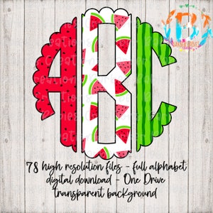 May include: A watermelon-themed monogram design featuring the letters ABC. The letter A is red with black seeds, B is white with watermelon slices, and C is green with watermelon rind stripes. The design includes the text "78 high resolution files - full alphabet digital download - One Drive transparent background."