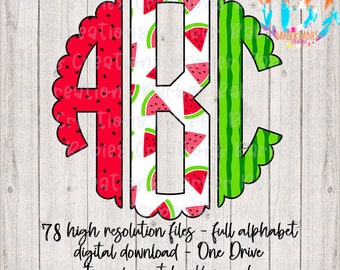 Watermelon Theme - Seeds/Watermelon Chunks/Rhine - Scalloped, Left|Middle|Right, Full Alphabet, PNG