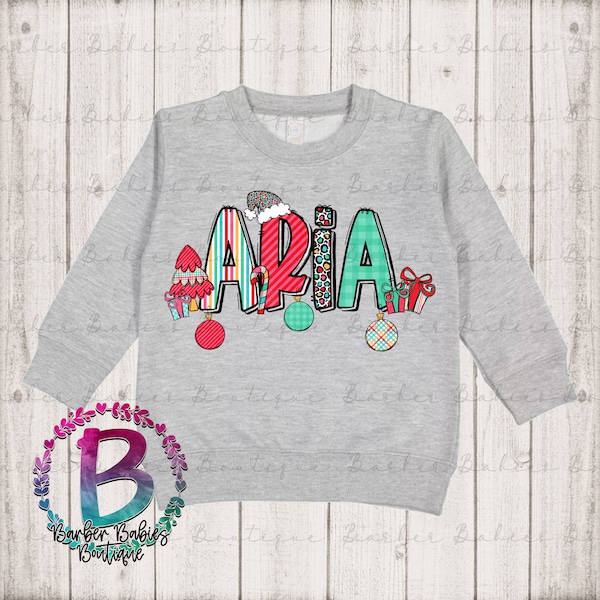 Ready to Press - Sublimation Transfer - Christmas Themed First Name - Christmas Tree - Ornaments - Presents - Girly - Cute - Santa Hat