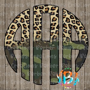 May include: A monogram design featuring the letters A, H, and A within a circular frame. The top portion of the letters displays a leopard print pattern, while the lower section showcases a camouflage design. The background is a wood grain texture.