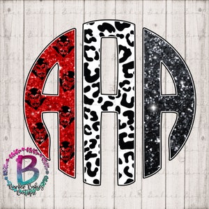 May include: A monogram design featuring the letters "AHA" within an oval shape. The left section is red with devil face graphics, the center is black and white leopard print, and the right is black glitter. The design is set against a light wood grain background.