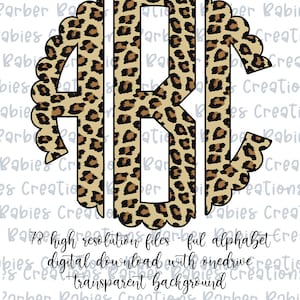 May include: A monogram design featuring the letters ABC in a leopard print pattern. The letters are outlined with a scalloped edge. The image includes text that reads "78 high resolution files - full alphabet digital download with onedrive transparent background."