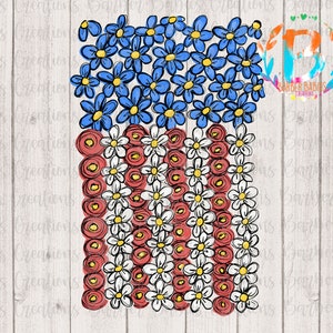 Listo para prensar - Transferencia por sublimación - Bandera estadounidense - Flores - Dibujado a mano - Rojo, blanco y azul - 4 de julio - América