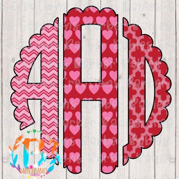 festonné ou cercle| Monogramme UNIQUE| Thème du trio de la Saint-Valentin| Chevron/Rose + Cœurs rouges/Motifs, PNG personnalisé