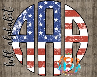 May include: A distressed design in the style of the American flag, featuring the letters AAA in a circular monogram. The design incorporates red and white stripes with a blue field of stars. The words "full alphabet" are written in a script font.