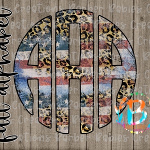 May include: A circular monogram design with the letters "AAA". The letters are filled with a mix of American flag, denim, and leopard print patterns. The words "full alphabet" are written vertically on the left side of the image.