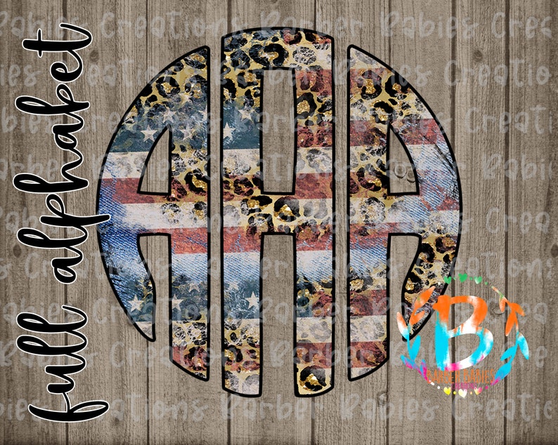 May include: A circular monogram design with the letters "AAA". The letters are filled with a mix of American flag, denim, and leopard print patterns. The words "full alphabet" are written vertically on the left side of the image.