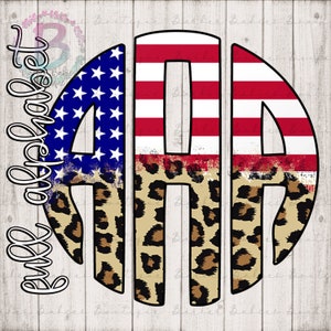 May include: A monogram design featuring the letters "AAA" in a circular shape. The design incorporates the American flag, leopard print, and the text "Alphabet". The background is a light wood grain.