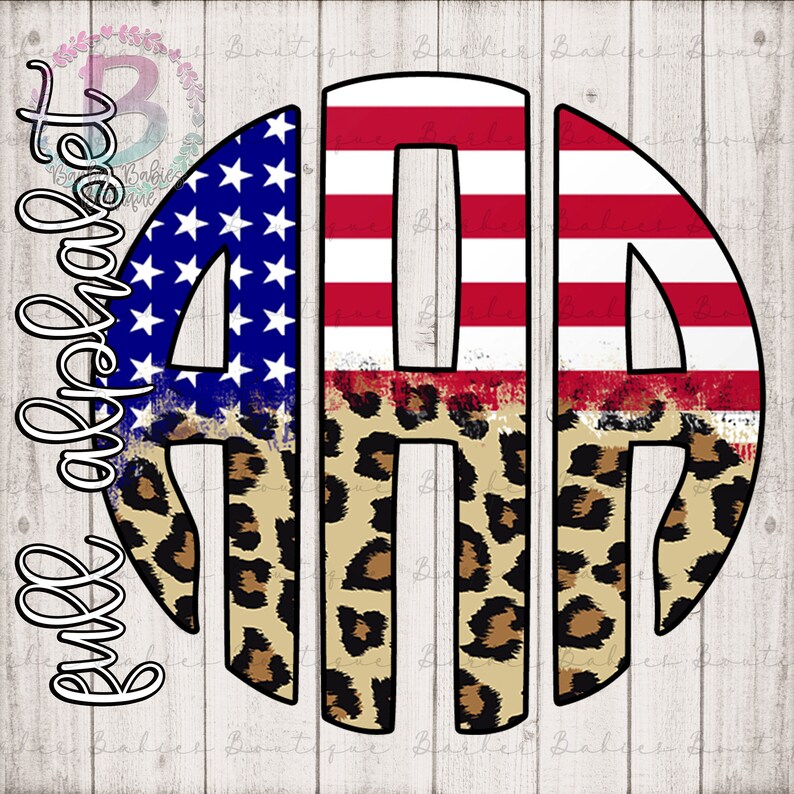 May include: A monogram design featuring the letters "AAA" in a circular shape. The design incorporates the American flag, leopard print, and the text "Alphabet". The background is a light wood grain.
