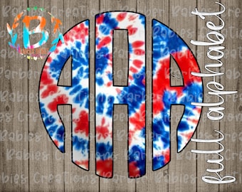 Red, White + Blue Tie Dye Monogram| Circle Monogram|Full Alphabet| PNG file - 26 Files - Patriotic - USA