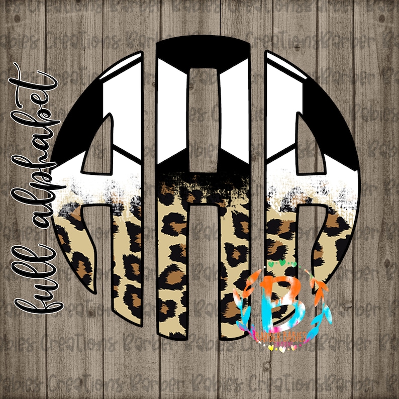May include: A monogram design featuring the letters AHA in a circular arrangement. The design incorporates a leopard print pattern, black and white stripes, and the words "full alphabet" in a script font. The background is a wood grain texture.
