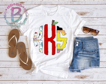 Ready to Press - Sublimation Transfer - School Themed Monogram - Pencil/Apple - Notebook Paper - Cute - Teachers - Students - School