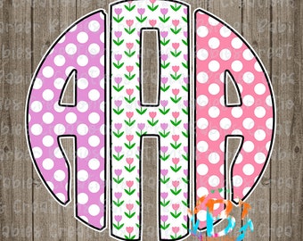 Spring Has Sprung|Circle Monogram|Polka Dots|Flowers| Full Alphabet - 26 Files|PNG