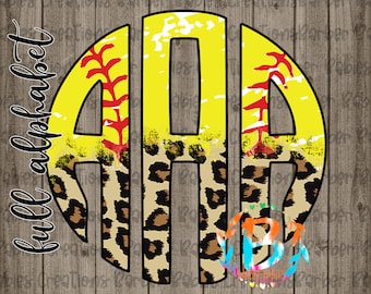 May include: A softball-themed monogram design featuring the letters "AAA" in a yellow and leopard print circle. The design includes red stitching details and the words "full alphabet" in a script font on a wood grain background.
