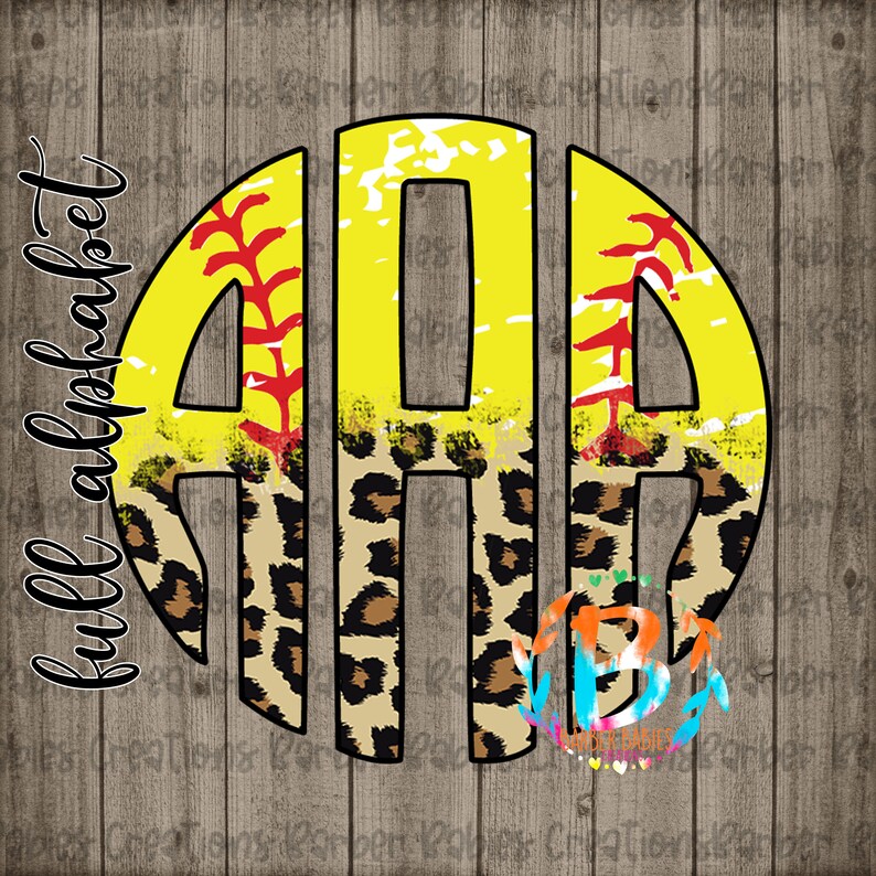 May include: A softball-themed monogram design featuring the letters "AAA" in a yellow and leopard print circle. The design includes red stitching details and the words "full alphabet" in a script font on a wood grain background.