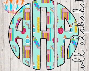 May include: A monogram design in the shape of the letters G, A, and R, filled with school-themed illustrations. The background is a light teal color, and the design includes pencils, scissors, apples, and notebooks. The words "Full alphabet" are written in cursive.