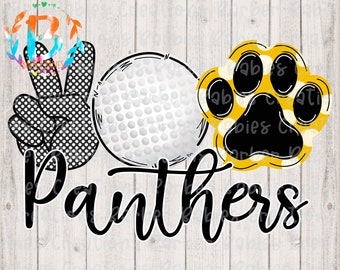 Ready to Press - Sublimation Transfer - Peace, Golf, Panther Paw - Black and Gold - Panthers - Sports - Golf Ball