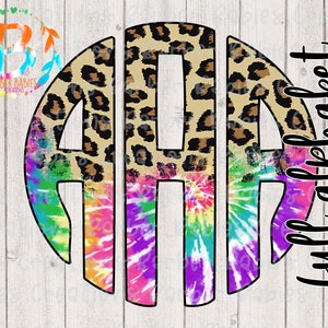 May include: A monogram design featuring the letters AAA. The top portion of the design has a leopard print pattern, while the bottom half is a vibrant tie-dye pattern in shades of green, yellow, pink, and purple. The words "full alphabet" are written in black cursive.