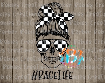 Ready to Press - Sublimation Transfer - Racing - Checkered Flag - Race Life - Skull/Messy Bun