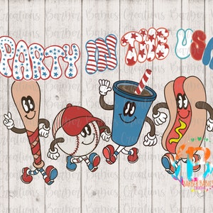 Party in USA Sublimation Transfer Retro 4th of July Baseball Hot Dog Drink Ready to Press