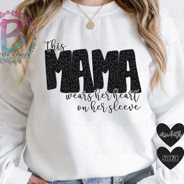 Ready to Press - Sublimation Transfer - This Mama Wears Her Heart on Her Sleeve - Custom - 4" Heart Print - Charcoal and Cheetah - Black