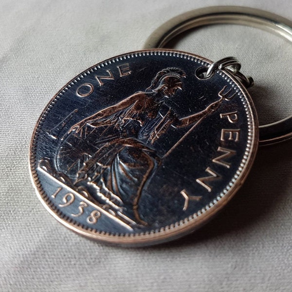 Coin Keyring - English / British / UK  1938 George VI  Britannia Penny / 1d