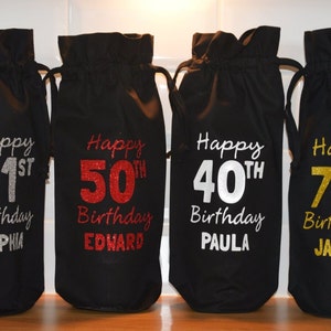 Sac cadeau de bouteille de coton personnalisé de luxe Milestone Anniversaire, 21 30 40 50 60 70 80e anniversaire Bouteille de vin Sac cadeau personnalisé
