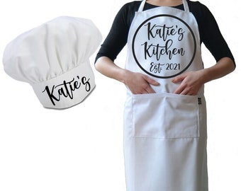 Personalised Chef's Hat And Apron Set, Premium Drill Burn Proof Cotton Personalized Circle Design White Apron Novelty BBQ Set Birthday