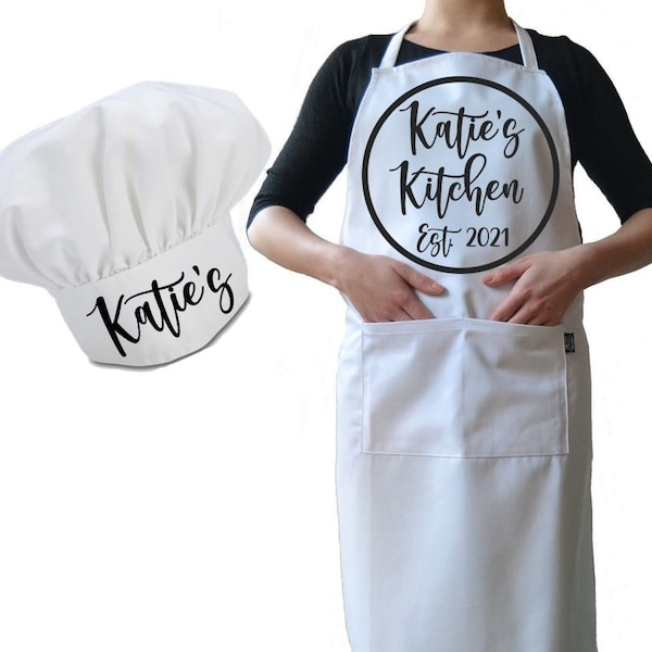 Personalised Chef's Hat And Apron Set, Premium Drill Burn Proof Cotton Personalized Circle Design White Apron Novelty BBQ Set Birthday