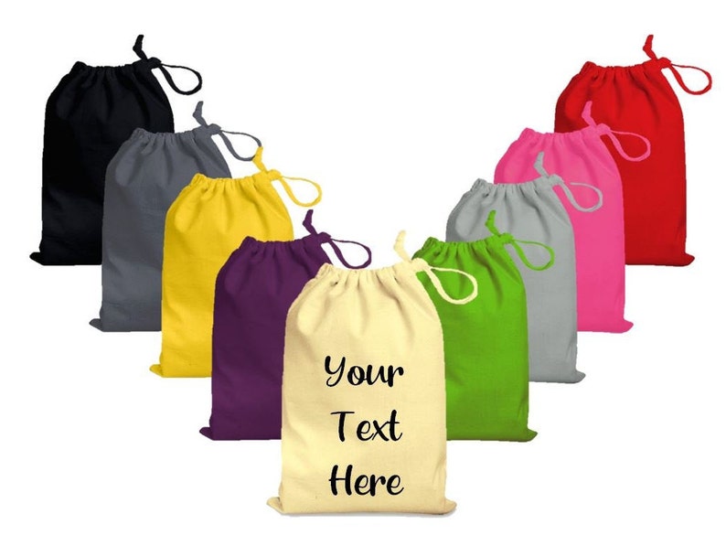 Personalised Custom 100% Cotton Gift Bags With Your Own Text Perfect For weddings, Birthdays, Special Occasion Drawstring Bags image 1