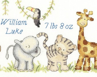 New Baby Cross Stitch Kit, Jungle Welcome, Boy or Girl Birth Sampler, Cute Baby Animals, Sewing Needlework Embroidery Gift, Baby Shower