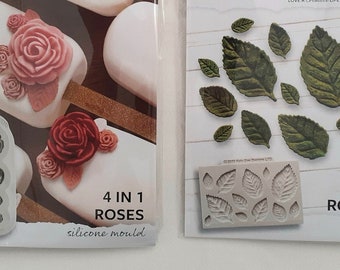 Roses and Leaves Silicone Moulds, Sugar Paste Fondant Marzipan Modelling Clay, Floral Cookies Cupcake Wedding Cake Party Decoration, Crafts