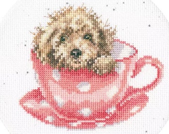 Teacup Pup Cross Stitch Kit, Hannah Dale Wrendale, Cute Animals Dogs, Bothy Threads, Sewing Needlework Embroidery Kit, Birthday Christmas